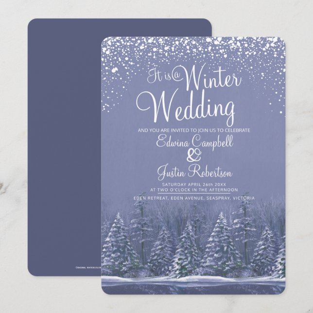 Invitation Mariage d'hiver pins lac d'art bleu (Devant / Derrière)