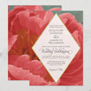 Invitation Mariage d'hiver Red Peony Gold Faux Parties scinti