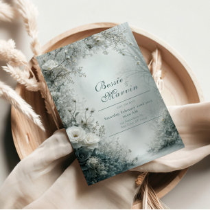 Invitation Mariage d'hiver Rose Blanche et Gris Poussiéreux