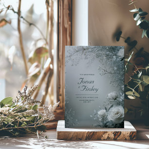 Invitation Mariage d'hiver Rose Blanche givré et Gris Poussié