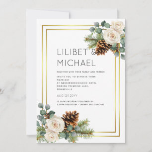 Invitation Mariage d'hiver Roses blanches Or Dusty Bleu