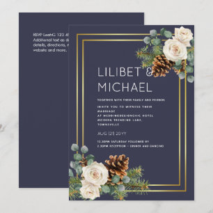 Invitation Mariage d'hiver Roses blanches Or Dusty Bleu