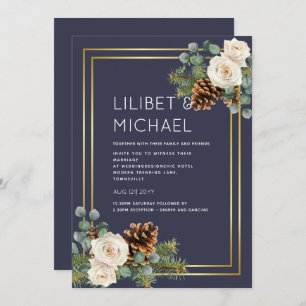 Invitation Mariage d'hiver Roses blanches Or Dusty Bleu