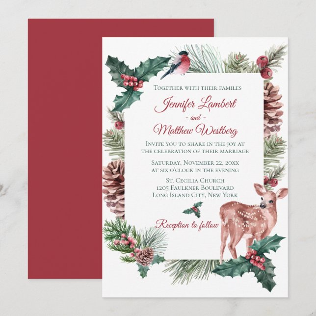 Invitation Mariage d'hiver Rouge Noël Renne Cerf Floral (Devant / Derrière)