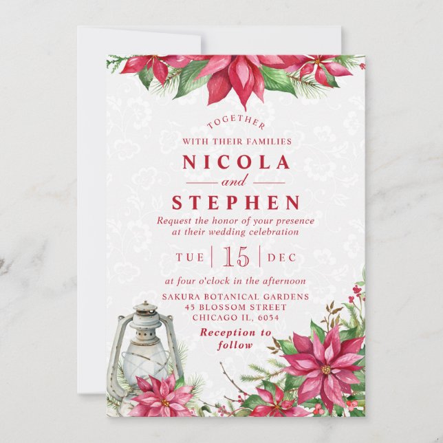 Invitation Mariage d'hiver rouge Poinsettia et lanterne (Devant)