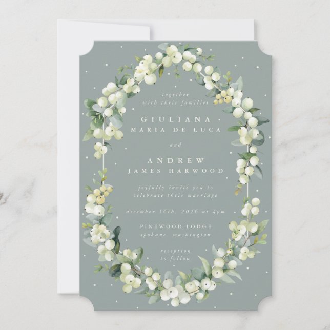 Invitation Mariage d'hiver Seafoam Green Snowberry+Eucalyptus (Devant)