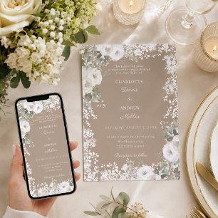 Invitation Mariage d'hiver taupe roses blanches ivoire neige