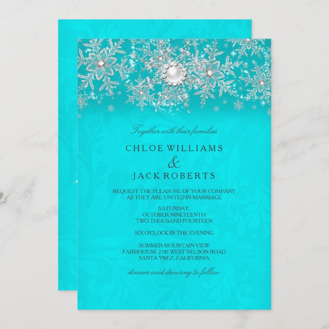 Invitation Mariage d'hiver Turquoise Crystal Pearl Flocon de  (Devant / Derrière)