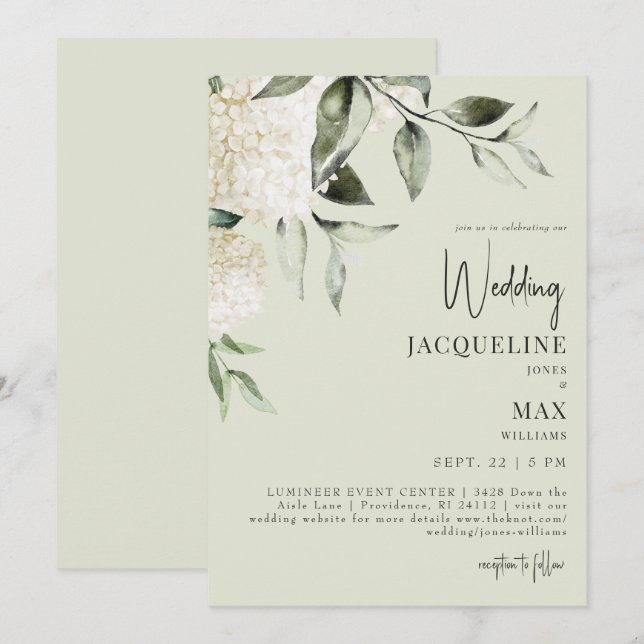 Invitation Mariage d'hydrangées blanches de lumière (Devant / Derrière)