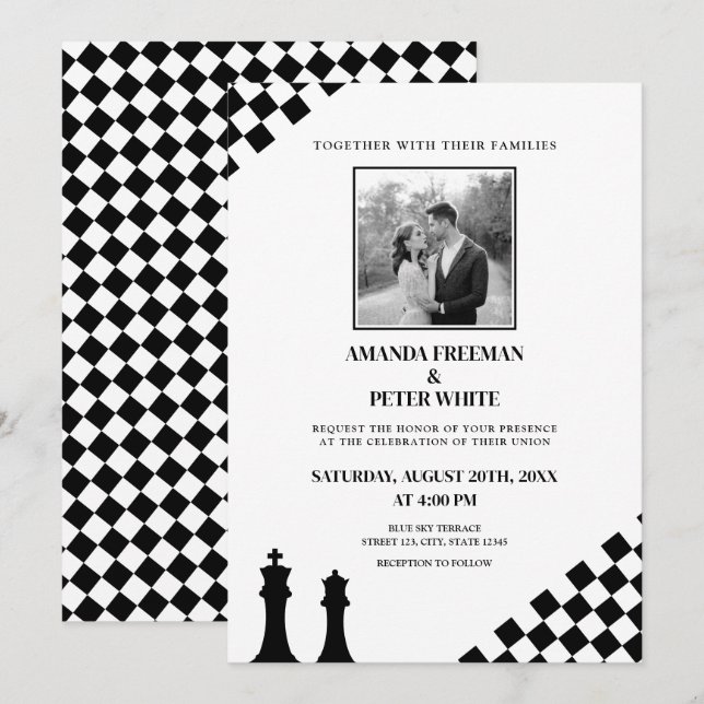 Invitation Mariage Diagonal Black Chess Bold Checkers (Devant / Derrière)