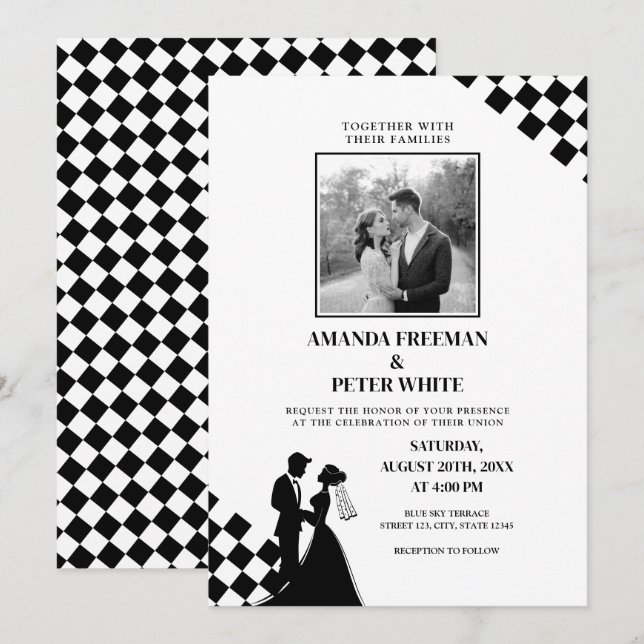 Invitation Mariage Diagonal Noir Silhouette Gras (Devant / Derrière)