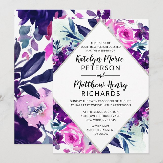Invitation Mariage diamant d'aquarelle violet floral enchanté (Devant / Derrière)