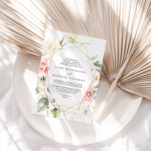 Invitation Mariage diamant floral de feuillage d'or géométriq (Créateur téléchargé)