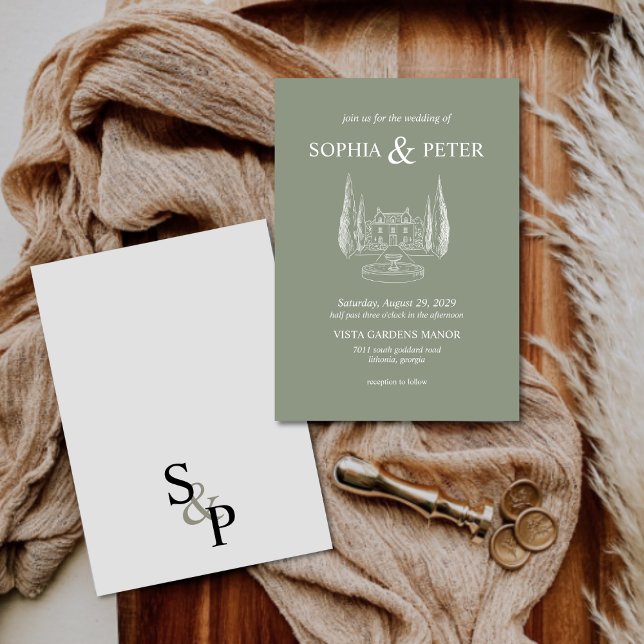 Invitation Mariage d'illustration vintage Sage Green (Créateur téléchargé)