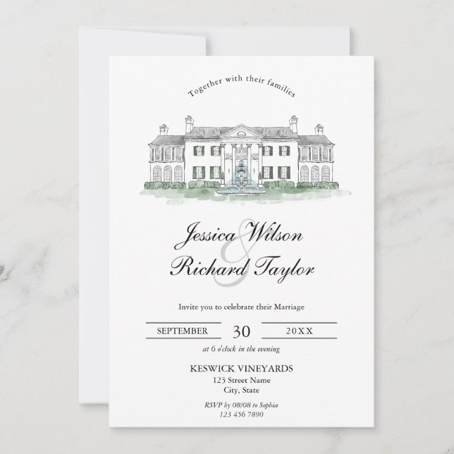 Invitation Mariage d'illustrations du manoir de lieu dessiné  (Devant)