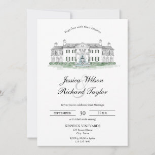 Invitation Mariage d'illustrations du manoir de lieu dessiné