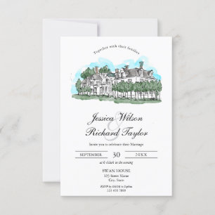 Invitation Mariage d'illustrations du manoir de lieu dessiné