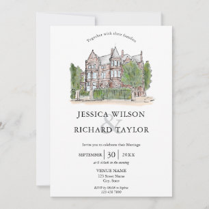 Invitation Mariage d'illustrations du manoir de lieu dessiné
