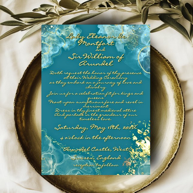 Invitation Mariage d'Imaginaire de marbre Turquoise d'or roma (Romantic Gold Teal Marble Fantasy Wedding Invitation)