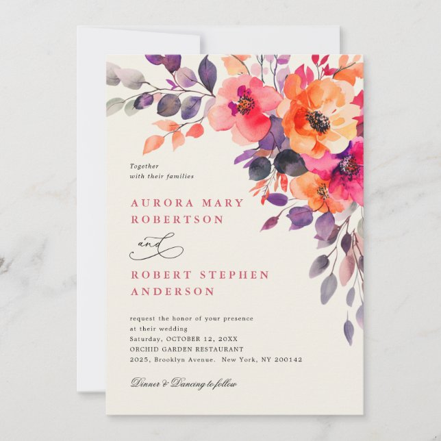 Invitation Mariage d'informations sur l'aquarelle orange rose (Devant)