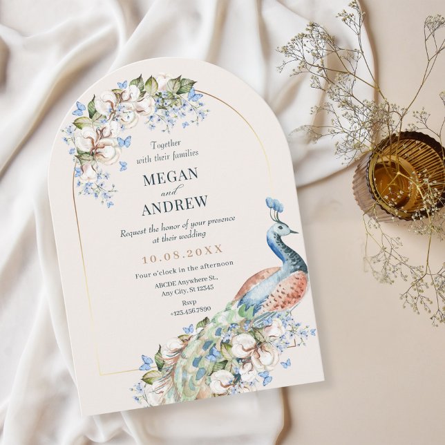 Invitation Mariage d'oiseau de paon bleu floral (Créateur téléchargé)