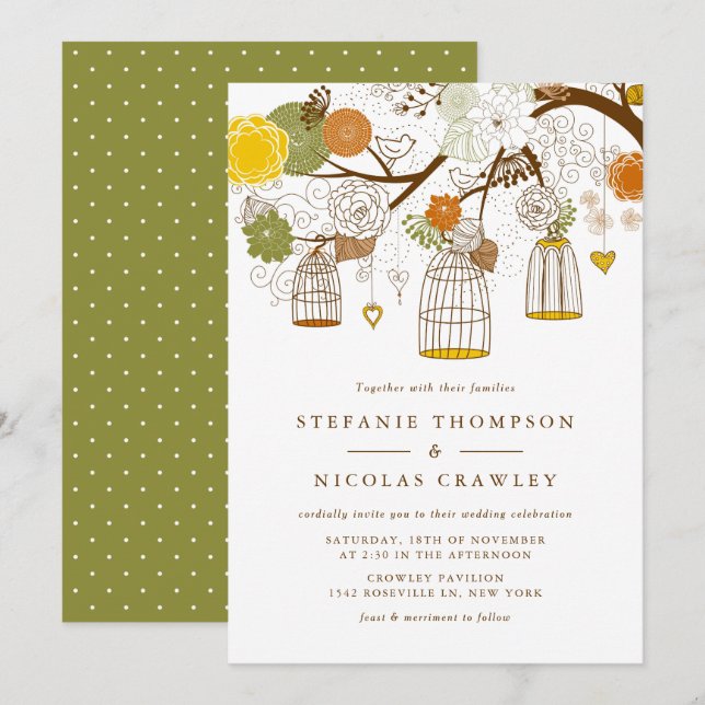 Invitation Mariage d'oiseaux à pendaison orange et jaune (Devant / Derrière)