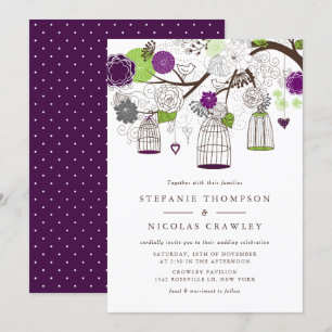 Invitation Mariage d'oiseaux à pendaison violette et verte