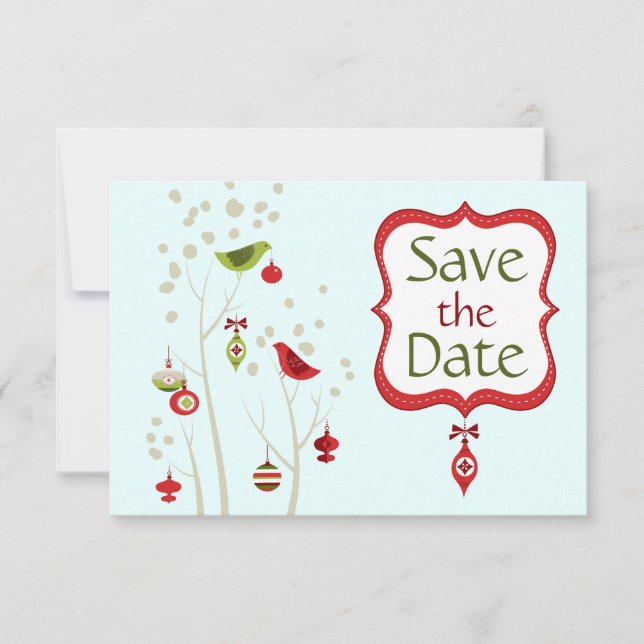 Invitation Mariage d'oiseaux d'hiver de Noël à retenir la dat (Devant)