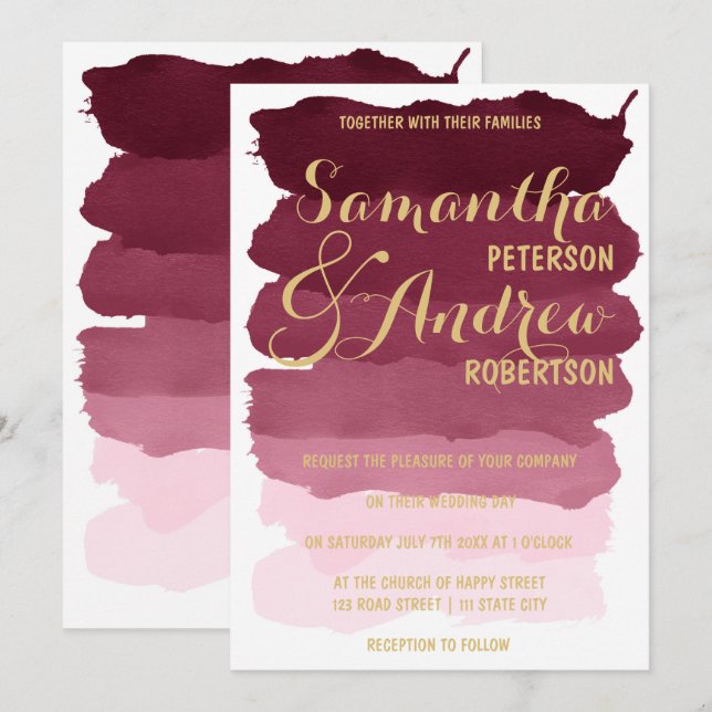 Invitation Mariage d'ombre d'aquarelle de brushstrok de (Devant / Derrière)