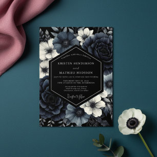 Invitation Mariage d'opulence florale bleu marine profond
