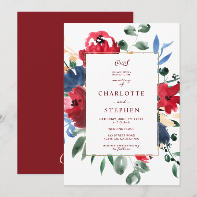 Invitation Mariage d'or à aquarelle florale bordeaux rustique (Devant / Derrière)