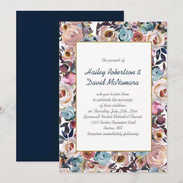 Invitation Mariage d'or bleu bleu bleu bleu bleu bleu mauve | (Devant / Derrière)