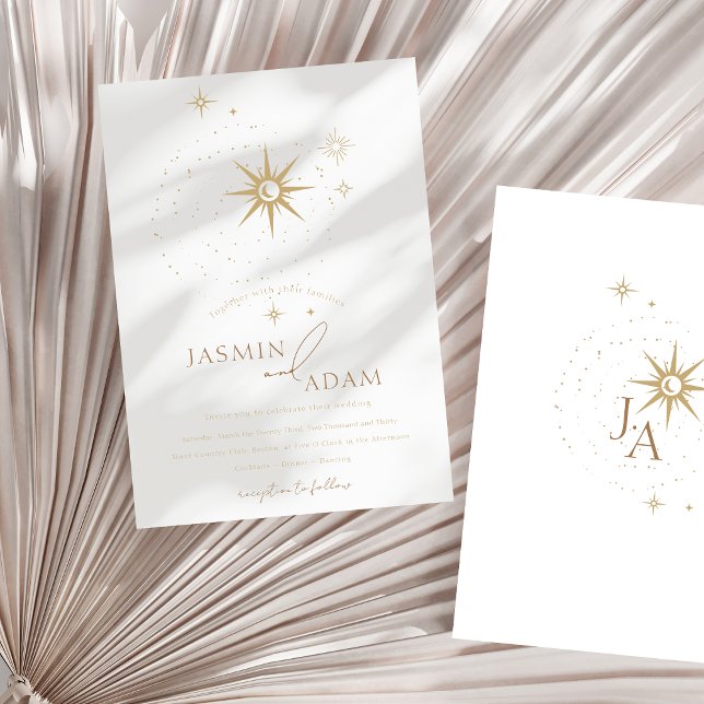 Invitation Mariage d'or céleste et d'étoiles blanches (Celestial White Stars and Gold Wedding Foil Invitation)