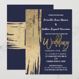 Invitation Mariage d'or de la marine moderne Blue Gold Simple