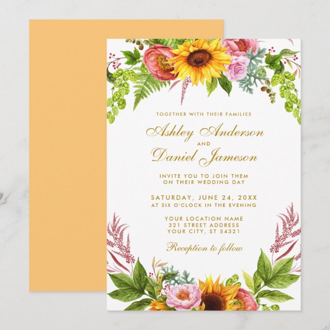 Invitation Mariage d'or floral de tournesol d'aquarelle (Devant / Derrière)