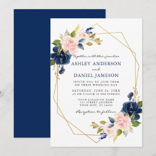 Invitation Mariage d'or géométrique bleu rose classique
