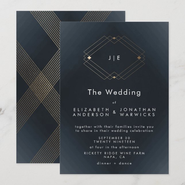 Invitation Mariage d'or géométrique moderne de marine simple (Devant / Derrière)