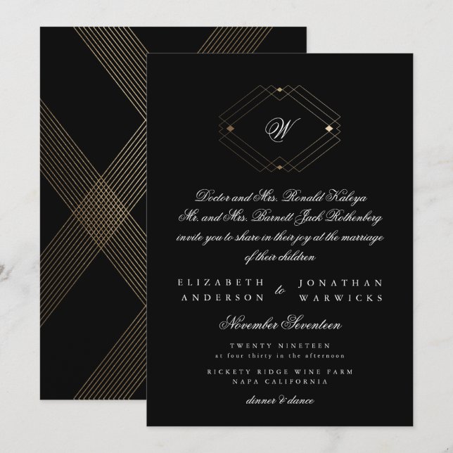 Invitation Mariage d'or géométrique moderne noir simple (Devant / Derrière)
