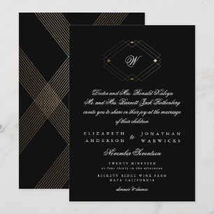 Invitation Mariage d'or géométrique moderne noir simple