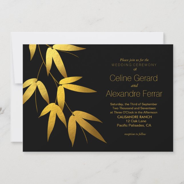 Invitation Mariage d'or Glam Bamboo Feuille| noir (Devant)