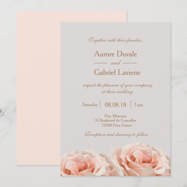 Invitation Mariage d'or gris flou rose pâle Rose (Devant / Derrière)