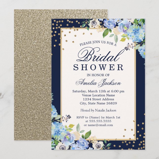 Invitation Mariage doré bleu floral scintillant (Devant / Derrière)