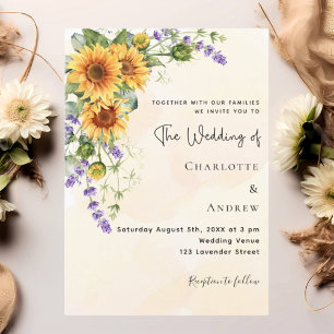 Invitation Mariage doré fleurs de lavande de tournesol