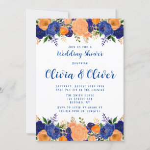 Invitation Mariage douche Fleurs Botaniques Bleu Nuit Orange