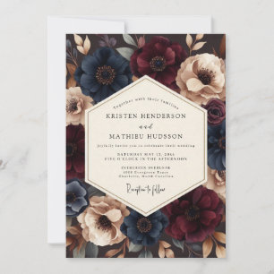 Invitation Mariage dramatique indigo et Bourgogne
