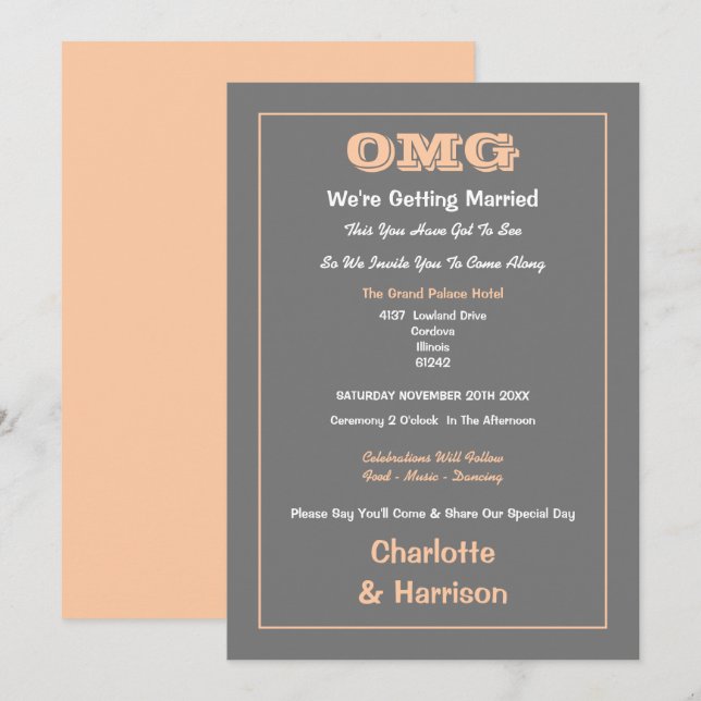 Invitation Mariage drôle gris pêche décontracté (Devant / Derrière)