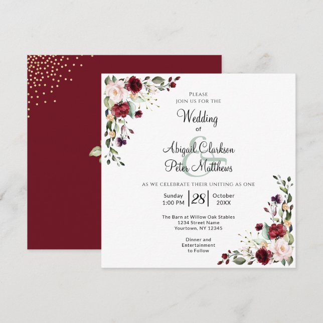 Invitation Mariage du Carré d'or Floral Bourgogne (Devant / Derrière)