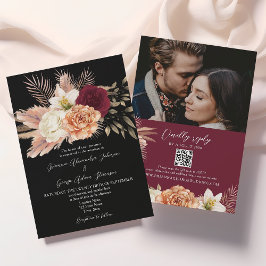 Invitation Mariage du code QR de Floral noir de Bourgogne