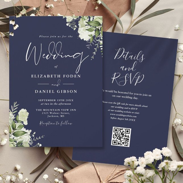 Invitation Mariage du code QR de la marine Blue Greenery Flor (Navy Blue Greenery Floral QR Code Wedding Invitation)
