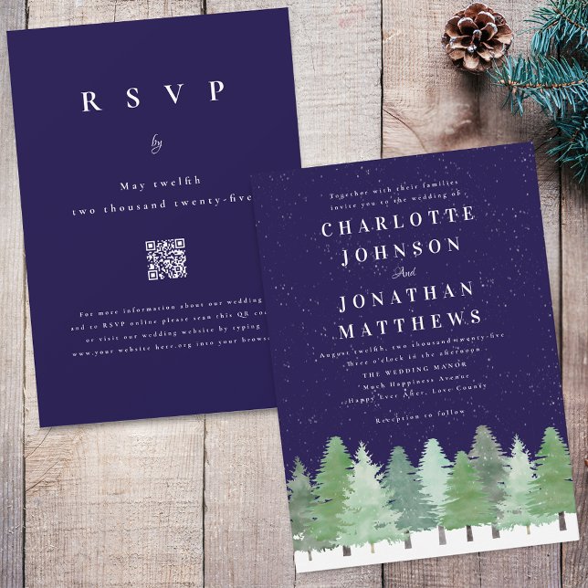Invitation Mariage du code QR de la marine forestière d'hiver (Modern watercolor Woodland snow forest navy blue and white winter wedding qr code invitation)
